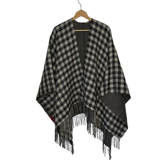 Talbots One Size Black Multi Plaid Reversible Woven Plaid Fringe Ruana Wrap - Picture 1 of 5